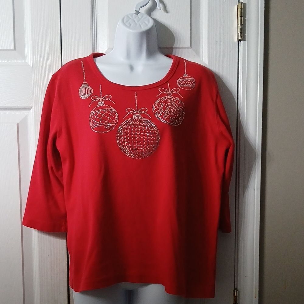 Isaac's Design red top with silver christmas ornaments holiday shirt Sz XL
